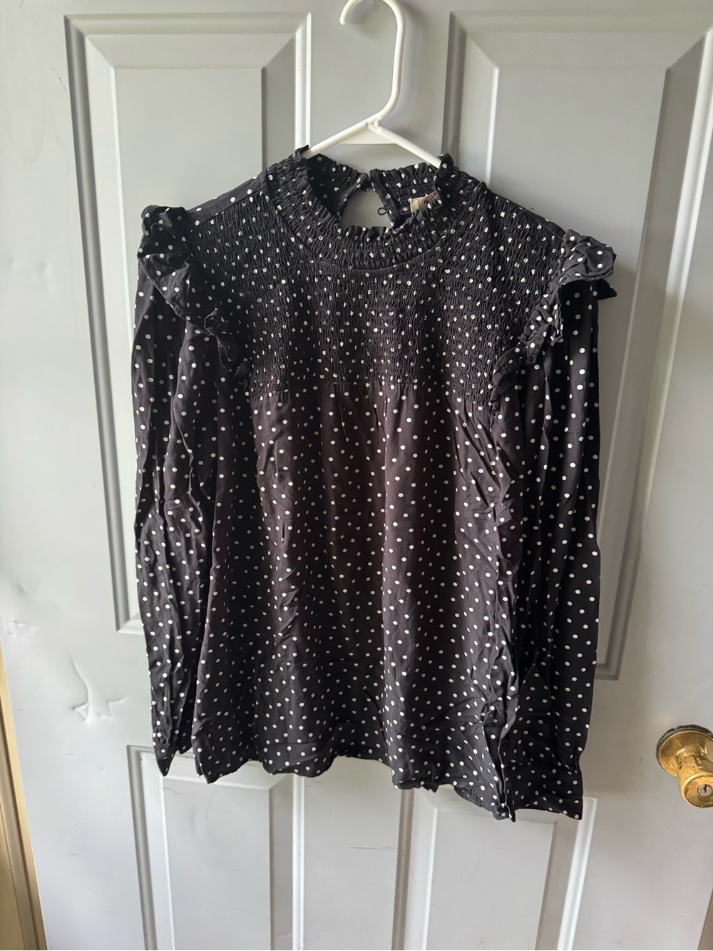 LOFT Black Polka Dot Long Sleeve Smocked Ruffle Blouse